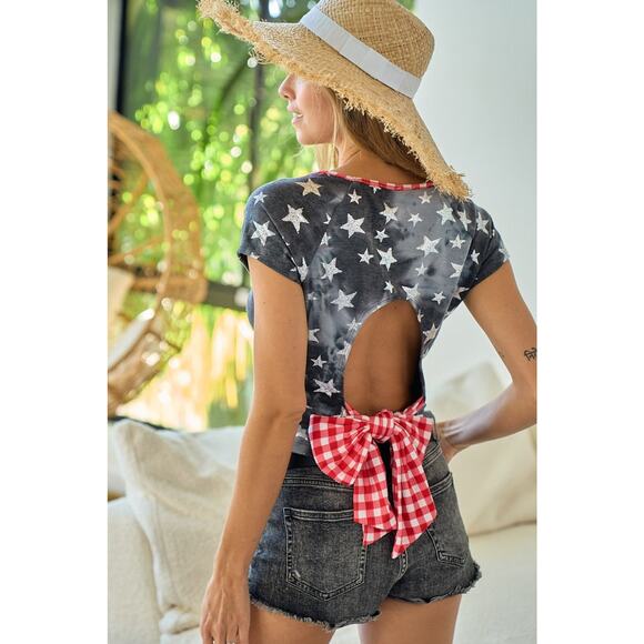 BiBi Foil Star Print French Terry Knit Back Cut Out and Plaid Tied Top | Blue - Picture 7 of 8